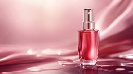 A close-up shot of a clear glass bottle of perfume with a silver spray nozzle, standing on a pink fabric surface.