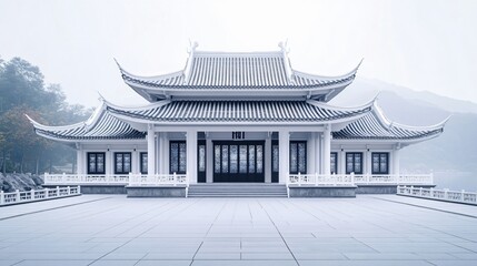Obraz premium Traditional Chinese Anhui Hui-style Architecture with White Background, Platform, Roads, Parking Lots, and Brick Pavements for Car Advertisement Background