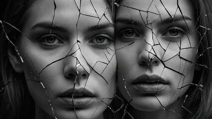 a girl looking in a broken mirror, a girl with a cracked face, a broken soul