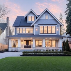 Obraz premium Luxury Suburban Home Exterior with Covered Porch, Landscaped Garden and Green Lawn at Twilight