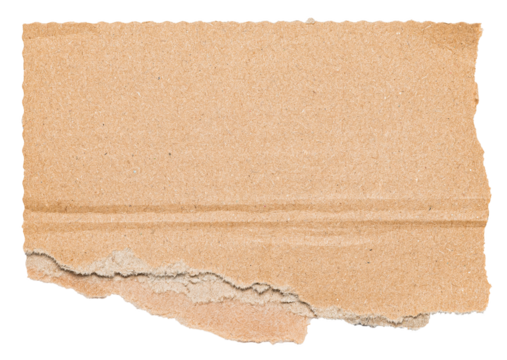 Isolated cut out torn piece of brown corrugated cardboard with texture and copy space for text, transparent png background design element