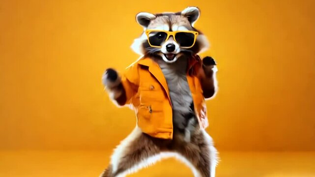 Raccoon in clothes and glasses dancing on an orange background