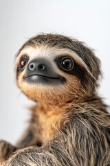 Fototapeta premium An adorable slow loris with large expressive eyes, sitting upright on a light grey background. This image is suitable for microstock images.