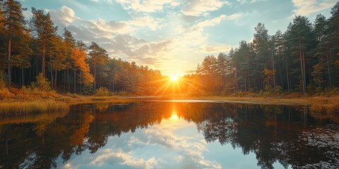 Fototapeta premium A serene view of a sunset reflecting on a lake surrounded by trees.