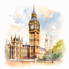 Obraz premium Big Ben watercolor London skyline historic clock tower gothic architecture, charming streetlamp, British landmark detailed art vintage travel red bus double decker,art,city,view,uk,sky,road,trees,