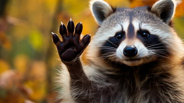 A raccoon in the forest waves its paw in greeting 