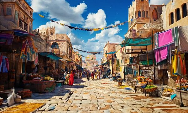 Vibrant Marketplace in a Desert Town