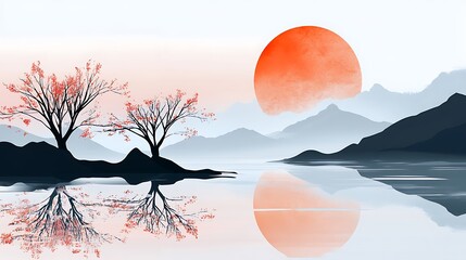 An ethereal scene featuring a tranquil landscape with minimalist trees under a large sun, embodying the peaceful essence of Japandi art style.