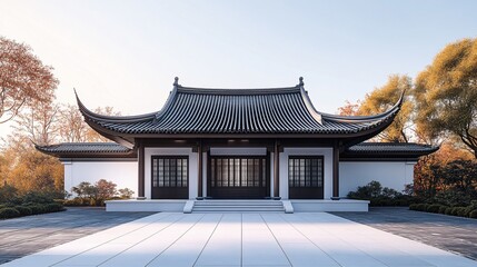 Fototapeta premium Traditional Chinese Anhui Hui-style Architecture with White Background, Platform, Roads, Parking Lots, and Brick Pavements for Car Advertisement Background