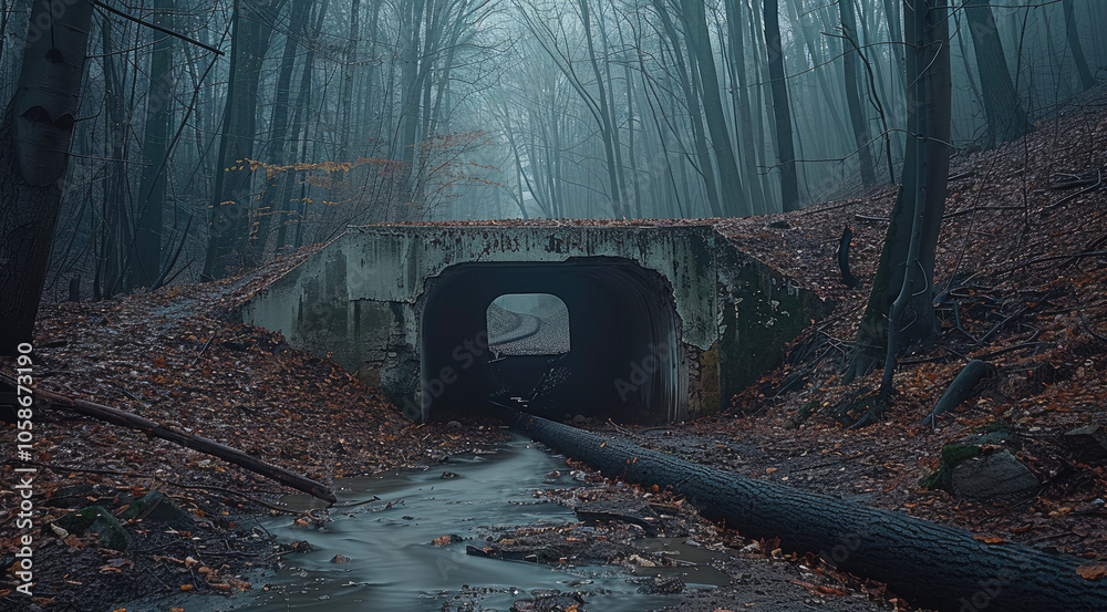Aufkleber a makeshift walled-up tunnel in a gloomy forest.