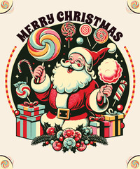 Merry Christmas Decorations vintage-style Santa Claus, holding candies and surrounded by Christmas decorations