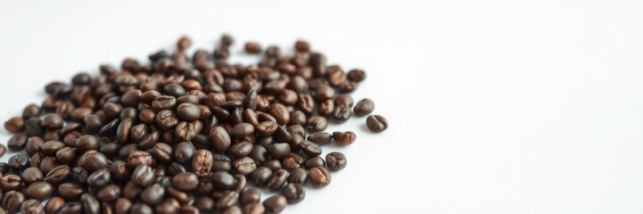 Fototapeta premium Coffee beans arranged neatly on a soft white background with ample copy space for text or designs, caffeine, copy space, food