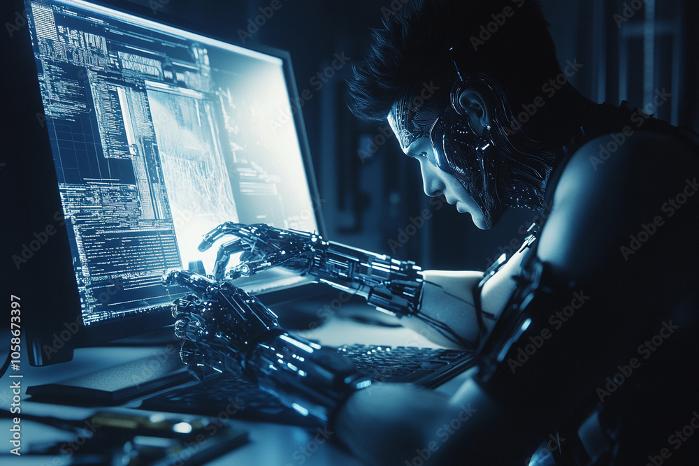 Poster a futuristic cyborg working at a computer in a dark room