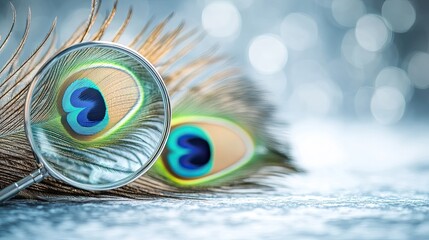 Close-up of Peacock Feathers with Magnifying Glass