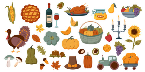 Set of Thanksgiving objects isolated on white background. Thanksgiving, autumn and harvest concept.