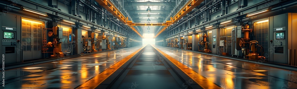 Poster a futuristic industrial corridor illuminated by bright lights, featuring shiny surfaces and a deep p