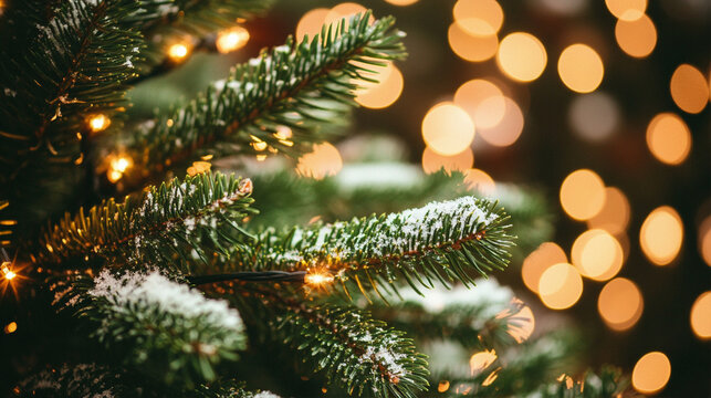 Un &aacute;rbol de Navidad con nieve y luces bokeh de fondo, un primer plano de ramas de pino con hojas verdes, un concepto de naturaleza con colores verde y amarillo y espacio de copia para texto o un t&iacute;tul