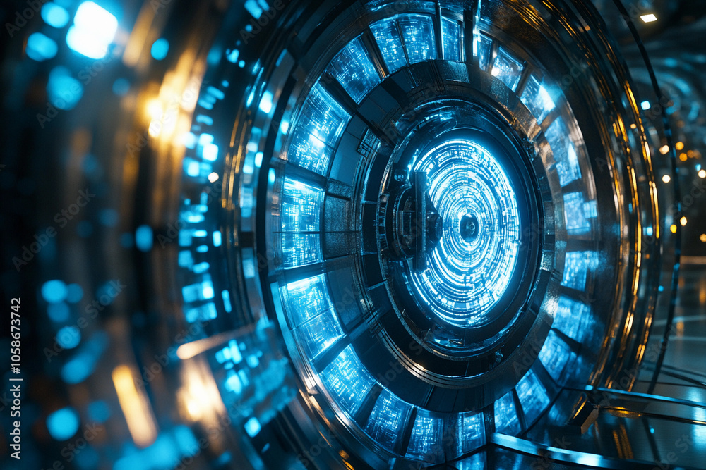 Poster futuristic illuminated tunnel with blue glowing circuitry design