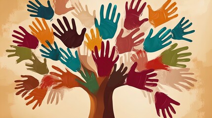 Vibrant Handprint Tree Design: A Colorful Celebration of Diversity and Community - Perfect for Sports Interior Posters and Creative Spaces