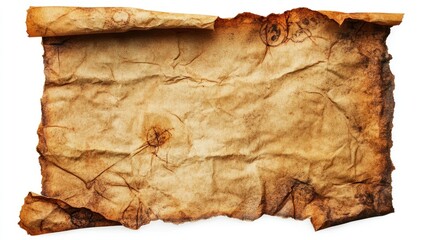 An old, aged and worn scroll of parchment paper isolated on a white background.