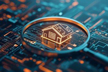 Futuristic digital real estate technology concept with magnifying glass focusing on glowing house icon over electronic circuit board, representing property search, investment, and cybersecurity