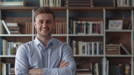 Fototapeta premium A cheerful male librarian in a professional setting, surrounded by books.
