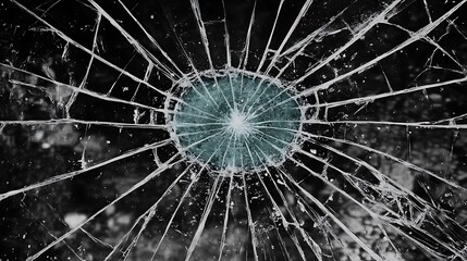 Closeup shot of a shattered glass window with a mesmerizing central crack pattern, reflecting light in a hauntingly beautiful way.