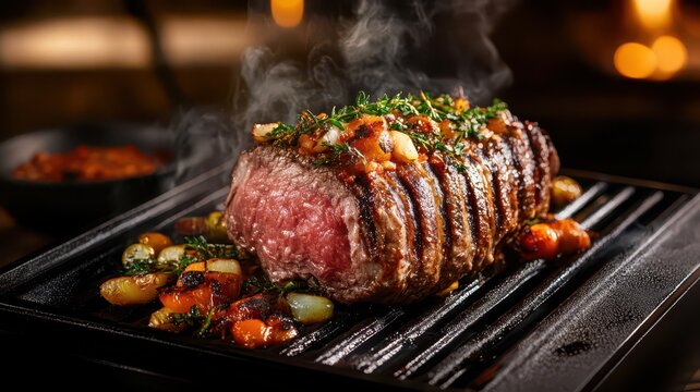 Gourmet slow-cooked dish artfully plated, showcasing bespoke culinary craftsmanship and exquisite flavors.