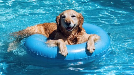 A golden retriever dog floats on a blue inflatable ring in a swimming pool, smiling and looking at the camera.