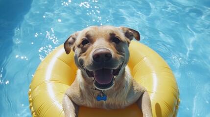 A happy golden retriever dog wearing a blue collar with a bone tag floats in a yellow pool float in a blue swimming pool.