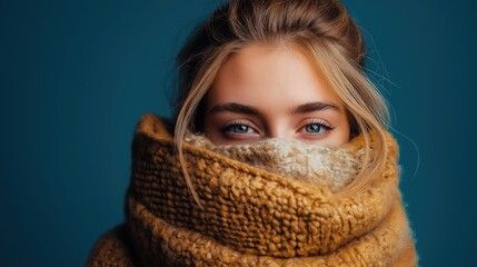 Portrait of a person with blue eyes, partially covered by a large, textured, light brown wool scarf against a blue background