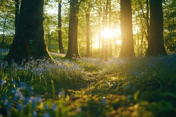 Obraz premium Dewy morning, sun rising through trees, bluebell meadow, misty valley ambiance