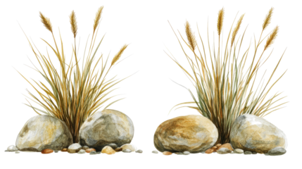 Set of Savanna Grasses and Rocks Isolated on Transparent Background Generative AI