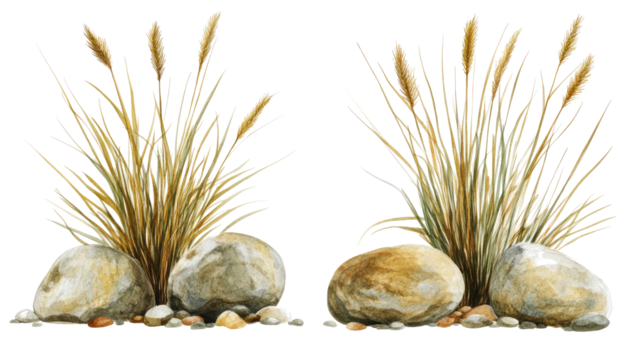 Set of Savanna Grasses and Rocks Isolated on Transparent Background Generative AI