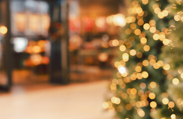 Abstract light celebration background with blurred shop or restaurant at night