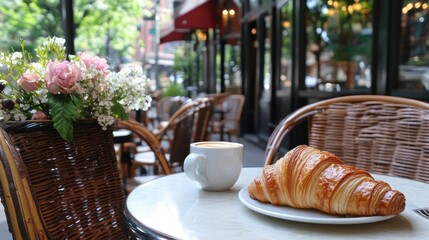 A cup of coffee and a croissant on a table at a cafe in a city.