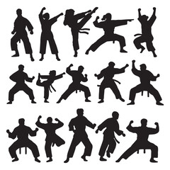 Set of silhouettes of people doing karate. Vector illustration.