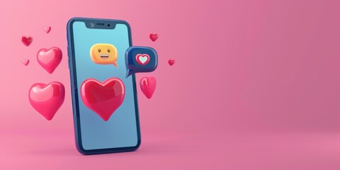 Colorful emojis flying around a smartphone with a heart on the screen, signifying love and celebration