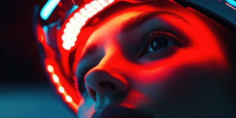 Candid portrait of woman wearing futuristic VR headset, showcasing cutting edge digital technology and human-machine interaction.