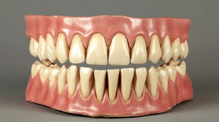Obraz premium Close-up of a full set of white teeth on a pink gum model against a gray background.