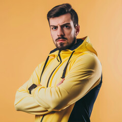 Obraz premium A man on a yellow background in sportswear is doing fitness 