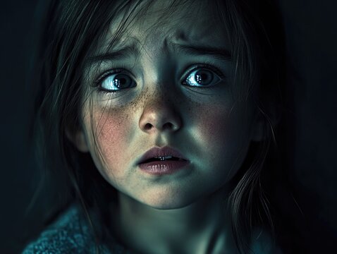 A young girl with her eyes closed, looking scared and fearful. She is in a dark environment, which might suggest she is afraid or anxious.