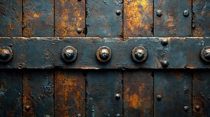 An industrial background features riveted metal textures, evoking rugged and weathered aesthetic
