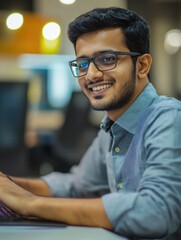 Fototapeta premium A young man in glasses, working on a computer with a focused smile. He appears to be engaged in his job at an office desk.