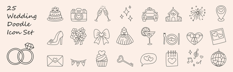 Wedding doodle icon set - star, sparkle, heart, rings, glasses, car, church, bow, dress, cake, geotag, envelope. Hand drawn vector marriage symbol on white background for decoration invitation, card.