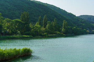 Emerald water of Vulan mountain river with thickets of common reed (Phragmites australis). River flows into Black Sea near village Arkhipo-Osipovka. Elegant background with river and mountain