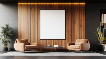 Modern minimalist living room with two leather armchairs, a coffee table, potted plants, and a large blank canvas on a wooden panel wall, featuring soft ambient lighting.