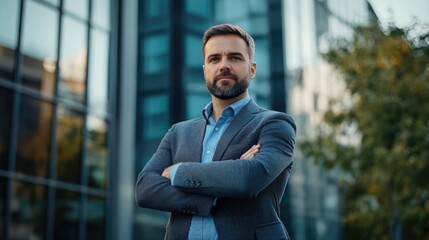 Man with a beard in a suit standing with his hands on his hips. Modern city background.