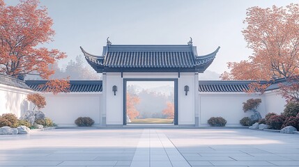 Obraz premium Traditional Chinese Architecture with Platform, Road, and Parking Area on Brick Surface for Automotive Advertisement Featuring Blank Background