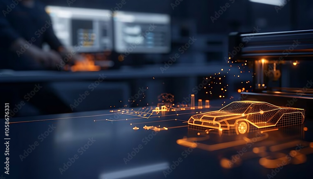 Poster A digital workspace showcasing a futuristic vehicle design displayed with glowing elements on a desktop, highlighting technology and innovation in automotive design.